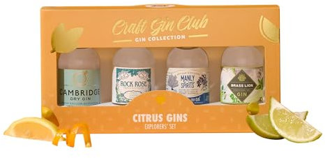 Craft Gin Club Citrus Collection - Explorers' Gift Set - 4 x 5cl Flavoured, Cambridge Dry, Rock Rose, Manly Spirits, Brass Lion - Unique Small Batch Gin Gifts for Women, Men, Birthday, Fathers Day