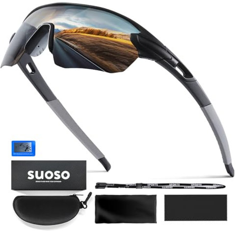 suoso Sportbrille-Fahrradbrille-Herren-Damen-Polarisierte-Sonnenbrille-Sunglasses-Men-Women-UV400 Schutz-Schnelle Brille Rave,a-Schwarz Grau