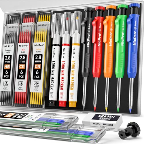 Nicpro 5 Stück Zimmermannsbleistifte mit Spitzer, Druckbleistifte mit 48 Minen, robustes Markierwerkzeug, Tieflochmarker für Architektenmarkierungen (Rot, Schwarz, Gelb, Blau, Orange)