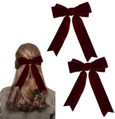 GWAWG Haarspange mit Schleife aus rotem Samt, Satin-Schleife, Haarnadeln mit langem Band, französische Band-Haarspange, Vintage-Party-Haarschmuck für Mädchen und Frauen, für Herbst und Winter, für