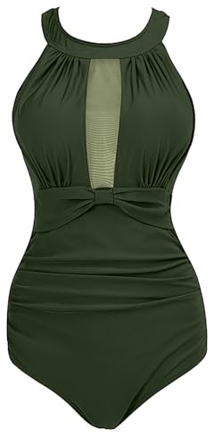 VILOREE Damen Schlankheits Badeanzug Raffung Einteiler High Neck Bademode Strandmode Grün 2XL