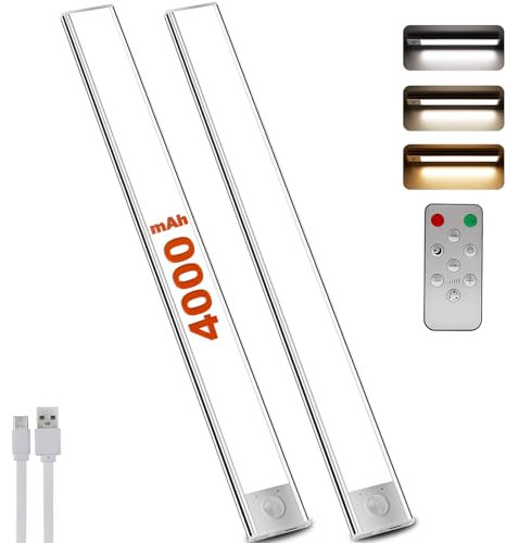 LuJasi Unterbauleuchte Küche Led, Schrankbeleuchtung 40cm mit Fernsteuerung und Bewegungsmelder, 3 Farben Timer USB Wiederaufladbar Unterschrank Beleuchtung für Kleiderschrank Treppe 40 cm 2pcs
