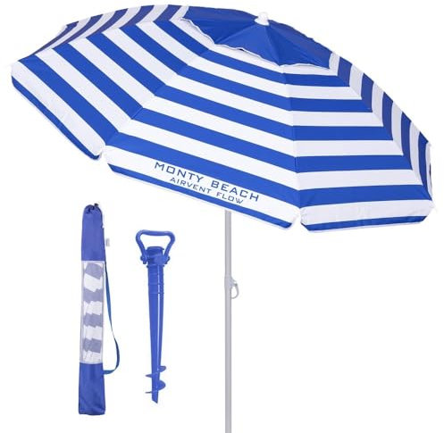 LOLAhome Sombrilla playa 200 cm y soporte arena, protección UV+50, sombrilla antiviento, varillas flexibles fibra vidrio, techo ventilación, mástil inclinable y regulable altura, bolsa transporte