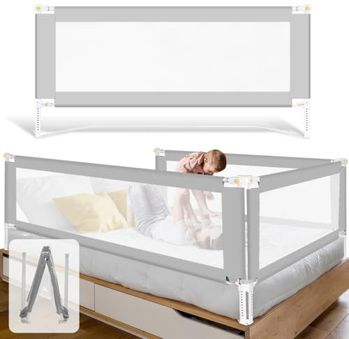 Jaxguom Bettgitter 200CMx2+180CMx1, Bettgitter Rausfallschutz Bett Klappbar mit U-förmige Basis, Bettschutzgitter Kinderbettgitter Höhenverstellbar 68-95cm für Kinder & Elternbetten, Grau