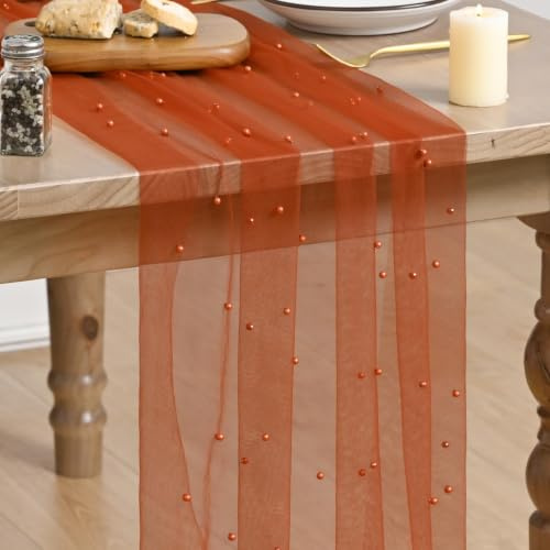 Artoid Mode Caramel Tüll mit Perlen Tischläufer 70x300 cm, Küche Tisch Dekoration Drinnen Urlaub Hochzeit Geburtstag Party Dekor