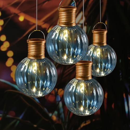 LED Solar Glühbirne Kugelleuchte Solarleuchte Terrasse Balkon Gartendeko (4 Stück Blau)
