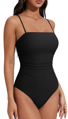 SUUKSESS Women Sexy One Piece Swimsuit Tummy Control Square Neck Bathing Suit Retro Backless Swimwear (Black,S)