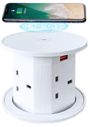 ZESHAN Four-Sided Pop up Power Outlet with Wireless Charger, 2 USB C and 1 USB A Fast Charging for Home,Office or Conference Room, White