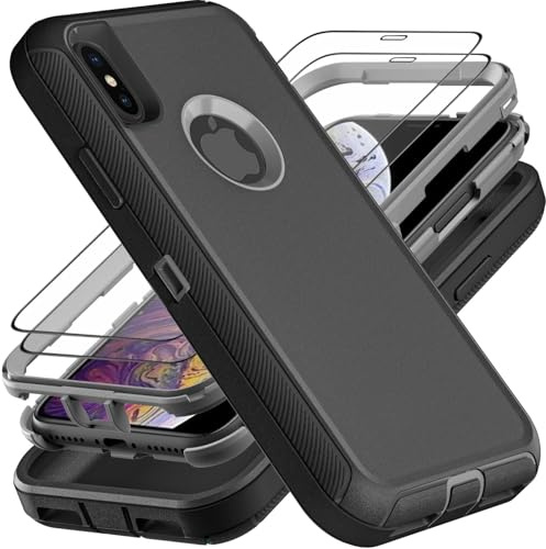 YmhxcY for iPhone X/Xs Case, Military Grade 3 in 1 Heavy Duty Shockproof/Drop Proof/Dust Proof Case with 2Pcs Tempered Glass Screen Protector (Black/Grey)