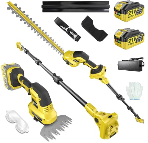 4 en 1 Cortasetos a batería Podador Altura para Makita 18V | Con 2×4.0Ah Baterías, Extensión 4,55 m, Cuchillas 406 mm & 152 mm, Cabeza Corte Giratoria 180°, Corta Arbustos y Cortacésped