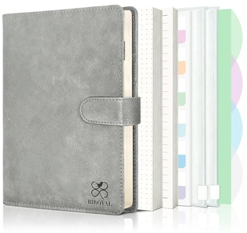 BIROYAL Notizbuch Ringbuch A5 Nachfüllbar, 6 Loch A5 Binder, Silber | PU Ringordner A5 mit 135 Blatt Nachfüllpapier, mehrere Fächer, Flexibel anordnen - Bullet Journal Budget Planner Kalender