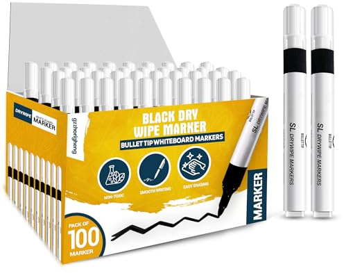 gzzhongheng 100 Black Dry Wipe Marker Pens – Bullet Tip Whiteboard Markers, Low Odour & Non-Toxic, Easy Erase Smudge-Free Pens for School, Office, Classroom & Home