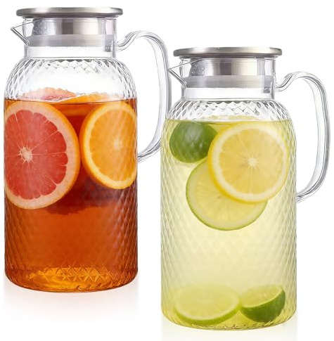 2 brocca in plastica con coperchio, 1,8 litri, per frigorifero, caraffa per acqua con manico, brocca per tè freddo, brocca per succhi di frutta, limonata, caffè e latte