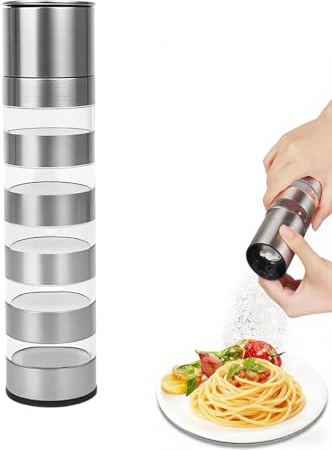HX-pyahgtv 5 in 1 Gewürzstreuer, Edelstahl Tragbare Gewürzdosen mit Gewürzmühle, Mini Transparente Gewürzgläser mit Deckel, Praktisches Reise-Picknick-Set für Camping, Grillen, BBQ
