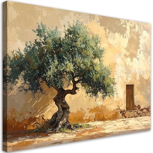 Feeby Bilder - Foto Geschenk - Olivenbaum auf beigem Wandhintergrund - 120x80 1tlg - Leinwandbilder Wohnzimmer - Wandbild über dem Bett - Bild Schlafzimmer - Aesthetic Zimmer Deko - Modern Pictures