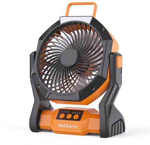 Aishkimo Portable Camping Fan with LED Light, 10000mAh Rechargeable Tent Fan with Hanging Hook, 4-Speed Adjustable Outdoor Fan for Picnic, BBQ, Fishing, Travel - Orange