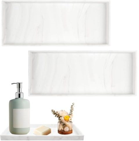 XIANJIA White Marble Pattern Silicone Storage Tray, 30 x 12.6 x 2 cm | Bathroom tray for Bathroom Counter, Kitchen Sink, Toilet Tank, White Rectangular Decorative tray for Perfume Candle Jewelry