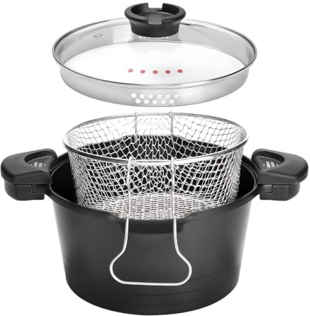 ROSSETTO Marmite à pâtes 24 cm Noir Aluminium Panier Couvercle Verre | Cuisson polyvalente grâce à l'aluminium moulé. Compatible gaz, électrique et induction pour préparer vos plats au quotidien