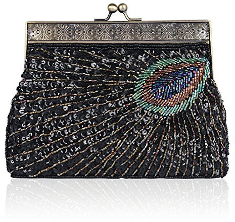 YYW Vintage Clutch Pailletten Blaugrün Pfau Ausgefallene Antik Perlen Pailletten Abend Handtasche Damen Mode Designer Elegante Geldbörse, Schwarz , Einheitsgröße