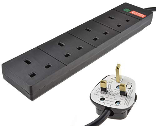 kenable 4 Gang Surge Protected Extension Lead UK Mains Power Strip 13A with Neon Indicator Black 10m Cable