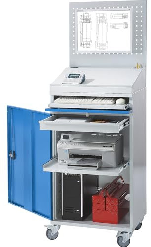 eurokraft | Computer-Arbeitsstation | Stahlblech | HxB 1770 x 650 MM | mit Lochwand und Pultaufsatz | Türfarbe Lichtblau