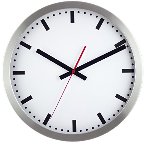 Eurotime Funkwanduhr 35 cm Aluminiumgehäuse Echtglas Bahnhofs-Design klares Zifferblatt Wanduhr für Wohnbereich oder Büro rote Sekunde wandanliegend 57835-07