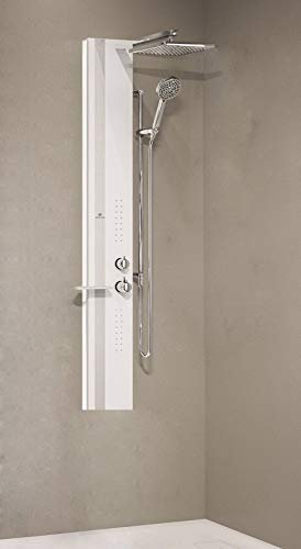 Colonna Doccia Novellini Line 2 Idromassaggio Idro Attrezzata Miscelatore Termostatico Colore Bianco Opaco Fascia Mensola Silver Soffione Ripiano Porta Oggetti Doccetta Misura 22x57,5xH150 cm