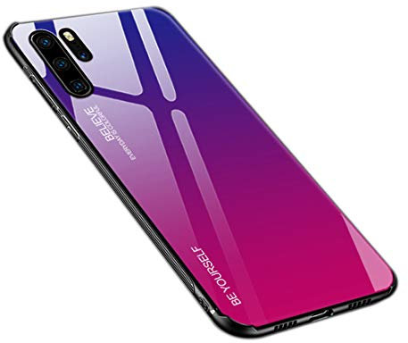 generisch Hülle Kompatibel mit Huawei P30 Pro, Gehärtetes Glas Zurück mit Weichem TPU Silikon Rahmen Handyhülle Farbverlauf Farbe Case Schutzhülle für Huawei P30 Pro (Blau-Rose)
