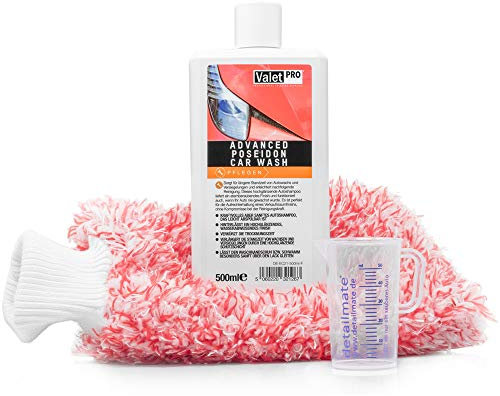 Detailmate ValetPRO Auto Wasch Set - Poseidon Car Wash 0,5L Autoshampoo + Waschandschuh - Wash Mitt + 50ml detailmate Messbecher + Microfaser Waschmittel - Microfiber Reviver 0,5L + Trockentuch