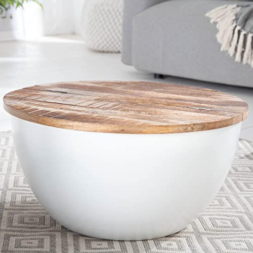 cagü Industriedesign Couchtisch PULIM Natur aus Mangoholz und Metallkorpus Weiß 70cm
