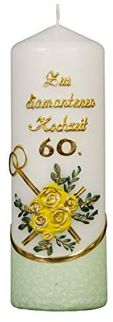 Meissner-Handel Auswahl * Stumpenkerze ''Zur Diamantenen Hochzeit'' * 6 x 18 cm * grün * mit farbigen Wachsauflagen * (Motiv 004) Auswahl Motiv + Farbe