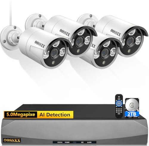 (HD 3K 5.0MP & 60 Days Storage) AI Detected POE Security Camera Systems, OOSSXX 8 Channel Outdoor Surveillance Video System, 4pcs IP67 Waterproof Cameras with Audio, 2TB