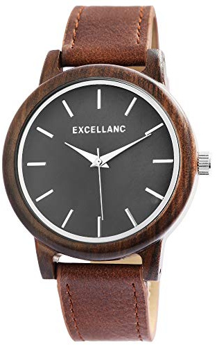 Excellanc Unisex - Uhr Lederimitations Armbanduhr Holz Gehäusering Metall Analog Quarz 1900243
