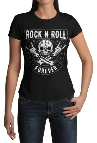 Modern Stylische Bekleidung Damen Shirt Motiv Rock n Roll T-Shirt Bones Tshirt Frauen Totenkopf Heavy Metal Rockige Kurzarm Horns Horn Grunge Clothes Vintage Punk Schwarz Weiß Rosa Grau (Schwarz, L)