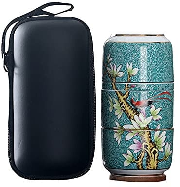 fanquare Portable Travel Tea Set with Infuser, Vintage Flowers and Bird Tea Service, Porcelain Tea Cup Set with Bag, Dark Green
