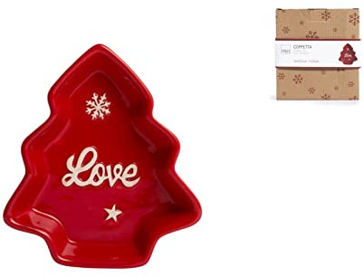 H&H 9699100 Piatto Albero In Ceramica, Decoro Natale Love, Rosso, 15 x 13 cm