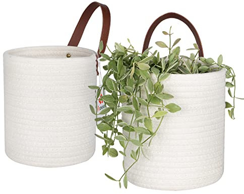 AUNHUIT Lot de 2 Petits Paniers Rangement Mural Tissé Suspendu en Corde de Coton pour Chambre, Organisateur Décoratif pour Placard, Cuisine, Jardin, Plantes à Fleurs, Blanc