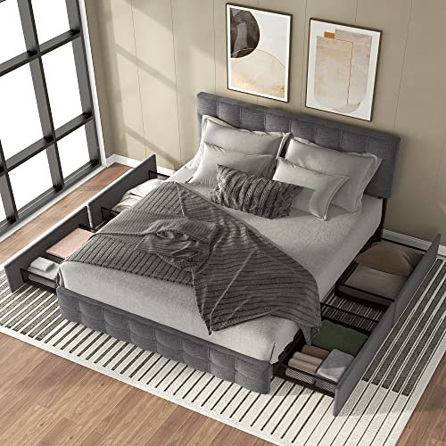 FEZTOY Doppelbett 140x200 cm, Polsterbett mit 4 Stauraum Schubladen, Bettgestell mit Verstellbares Kopfteil, Jugendbett für Erwachsene & Jugendliche, Leinen, Grau
