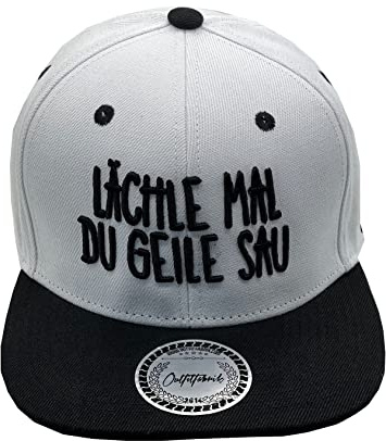 Outfitfabrik Snapback Cap Lächle mal, du Geile Sau in weiß, schwarzer Schirm, mit 3D-Stick (Provokation, Statement) für Herren und Damen, One Size, verstellbar