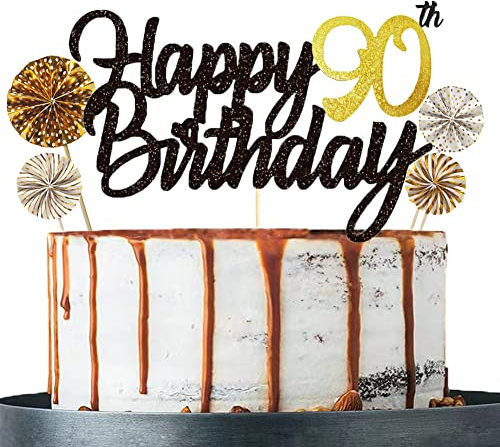 Tortendeko 90 Schwarzes Gold set Doppelseitiges Glitzerpapier Happy Birthday Cake Topper für Geburtstag Deko 90
