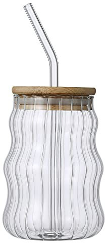 LIBOOI Verre à bière avec couvercles en bambou et pailles en verre, 500 ml, verres à café glacé avec couvercle et paille, verres à café glacé pour cocktail, whisky