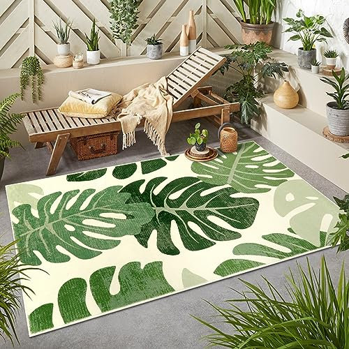Lukinbox Teppich mit grünem Blatt, für Terrasse, Wohnzimmer, 7.6x12.7 cm, waschbarer Akzentteppich, rutschfester Überwurf für Esszimmer, moderner tropischer Monstera, Tisch, Camper