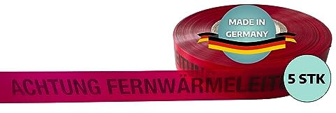 AWOTEX Trassenwarnband Fernwärme I 5 Rollen Erdkabel-Warnband für die Baustelle I 250 m Trassenband Kabel I alterungs- & klimabeständig I umweltfreundliches Warnband rot