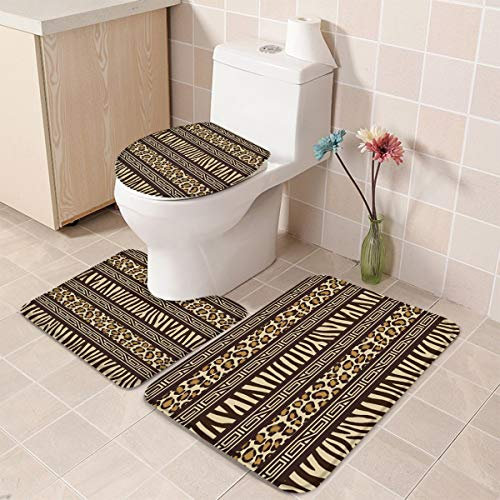 Set 3 Teilig Badvorleger Afrika Brown Wilde Hautstreifen Langlebige Bade-Matte+Kontur+Wc-Deckelabdeckung Waschbar Kontur Badteppich Für Wohnzimmer Wc-Sitz Bezug Badezimmer