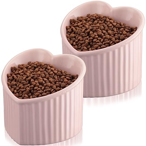 Mumufy - 2 Pack Ceramic Raised Cat Bowls, Angled Bowls, Vomit Proof Bowls, Indoor Cat Bowls, Stress Free Water Dispenser for Puppies, Heart Shape (Pink)
