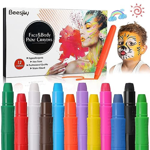 Beesjuy Pinturas Cara para Niños en 12 Colores, Pinturas Embarazadas, Pintura Corporal Lavable y No Tóxica, Ideal para Adecuada para Carnaval, Halloween, Fiesta de Cumpleaños(Nuevo molde 12 colores)