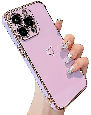 ZTOFERA Compatible with iPhone 13 Pro (6.1) Case for Girls Women, Flexible Silicone Phone Case with Cute Heart Pattern Electroplated Design Shockproof Protective Bumper Cover, Purple