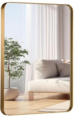 JENBELY 76,2 x 91,4 cm goldener Badezimmerspiegel, gebürsteter Metallrahmen, rechteckiger Spiegel mit abgerundeten Ecken, goldener Badezimmer-Schminkspiegel für Schlafzimmer oder Wohnzimmer,