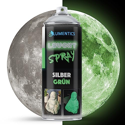 LUMENTICS Leuchtspray Silber - Nachleuchtendes Spray - Leuchtet im Dunkeln grün - Sprühfarbe Made in Germany - 400 ml Spraydose mit Zusatz-Cap