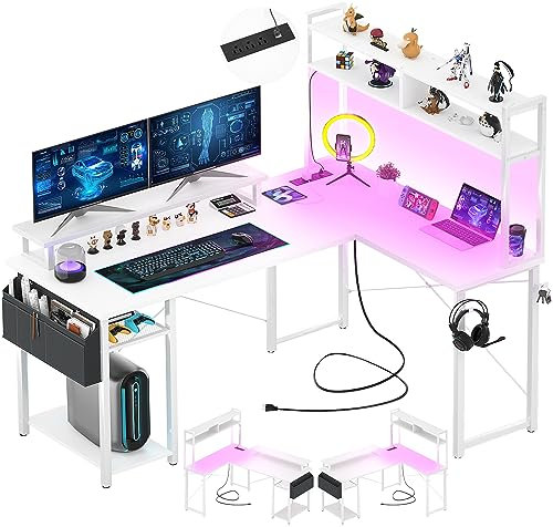 Aheaplus Kleiner L-förmiger Schreibtisch mit Ladeanschluss & LED-Streifen, wendbarer L-förmiger Gaming-Schreibtisch Computertisch mit Monitorständer & Aufbewahrungsregal, Eckschreibtische Home Office